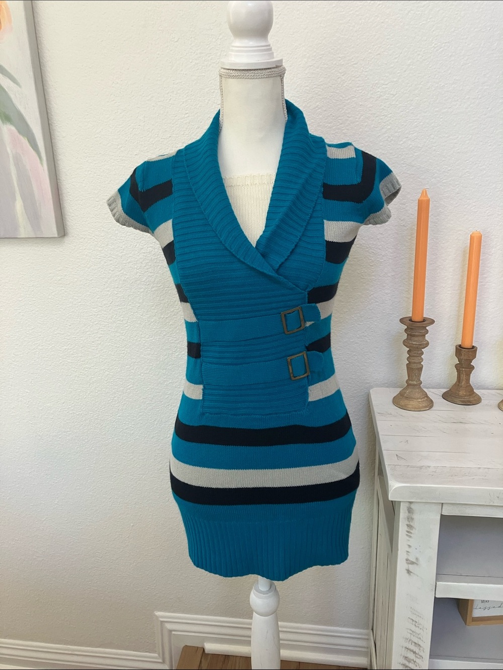 Y2k Striped Teal V-Neck Sweater Dress with Buckle Detail